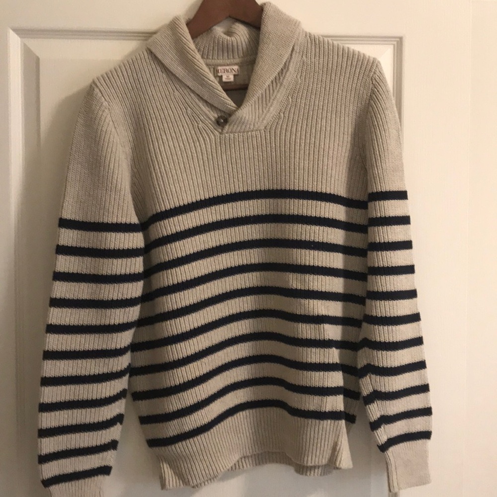 Tan Merona sweater with navy blue stripes